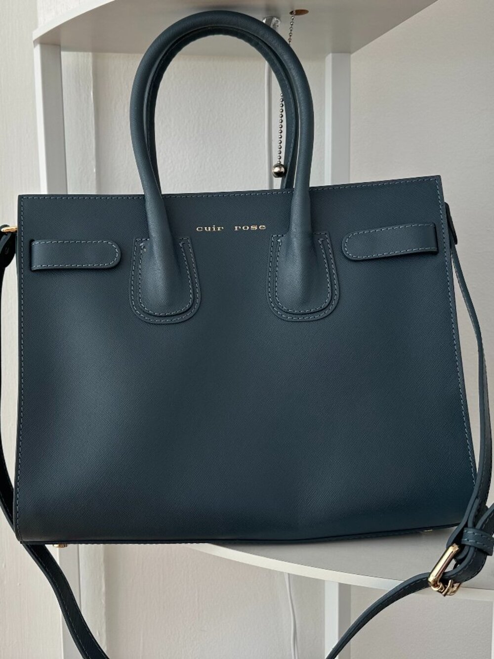 Leather Structured Tote Bag - Teal Color w/Gold hardware